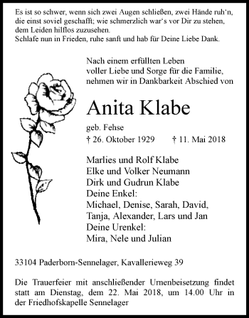 Traueranzeige von Anita Klabe von Westfalen-Blatt