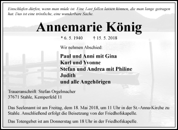 Traueranzeige von Annemarie König von Westfalen-Blatt