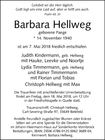 Traueranzeige von Barbara Hellweg von Westfalen-Blatt