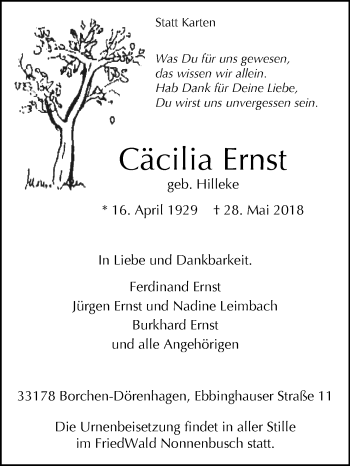 Traueranzeige von Cäcilia Ernst von Westfalen-Blatt