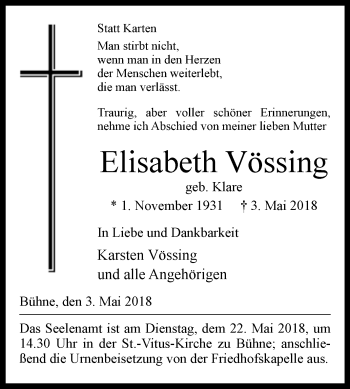 Traueranzeige von Elisabeth Vössing von Westfalen-Blatt