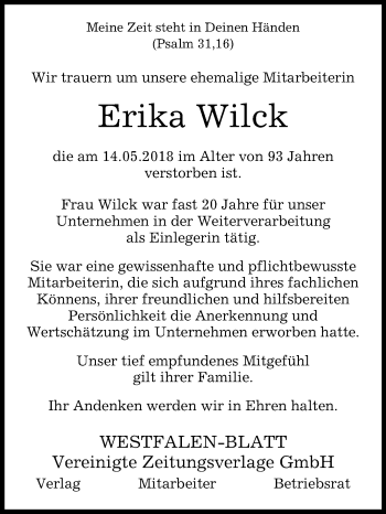 Traueranzeige von Erika Wilck von Westfalen-Blatt