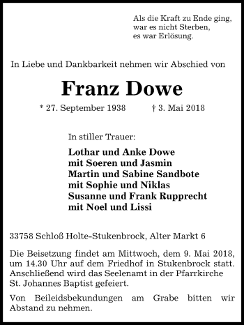 Traueranzeige von Franz Dowe von Westfalen-Blatt