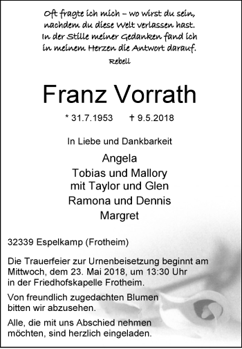 Traueranzeige von Franz Vorrath von Westfalen-Blatt