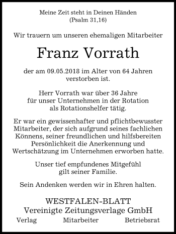 Traueranzeige von Franz Vorrath von Westfalen-Blatt