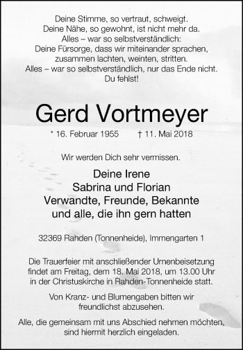 Traueranzeige von Gerd Vortmeyer von Westfalen-Blatt