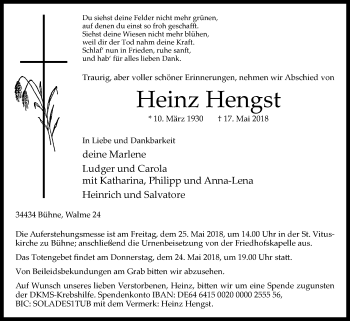 Traueranzeige von Heinz Hengst von Westfalen-Blatt