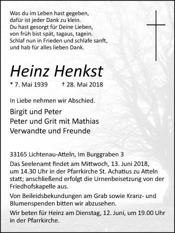 Traueranzeige von Heinz Henkst von Westfalen-Blatt