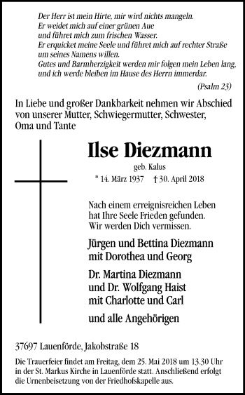 Traueranzeige von Ilse Diezmann von Westfalen-Blatt