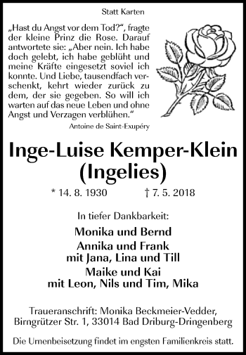 Traueranzeige von Inge-Luise Kemper-Klein von Westfalen-Blatt