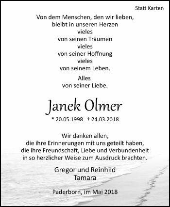 Traueranzeige von Janek Olmer von Westfalen-Blatt