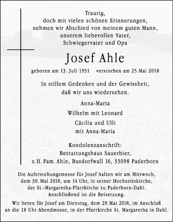 Traueranzeige von Josef Ahle von Westfalen-Blatt