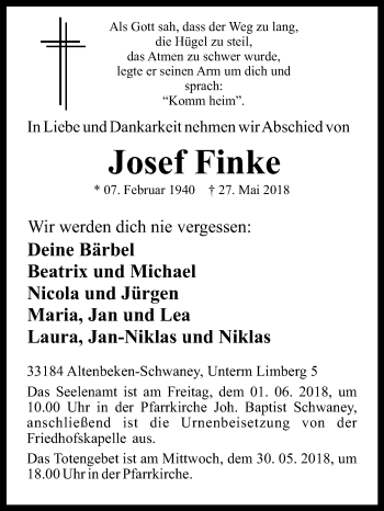 Traueranzeige von Josef Finke von Westfalen-Blatt