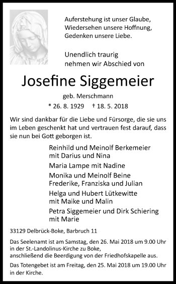 Traueranzeige von Josefine Siggemeier von Westfalen-Blatt