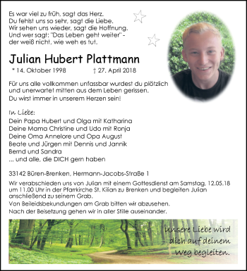 Traueranzeige von Julian Hubert Plattmann von Westfalen-Blatt