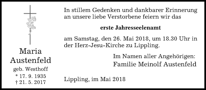  Traueranzeige für Maria Austenfeld vom 19.05.2018 aus Westfalen-Blatt