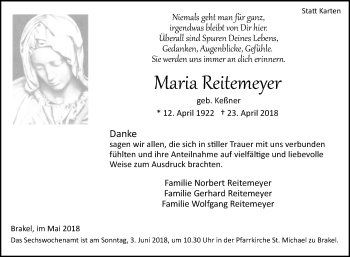 Traueranzeige von Maria Reitemeyer von Westfalen-Blatt