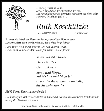 Traueranzeige von Ruth Koschützke von Westfalen-Blatt