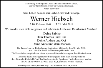 Traueranzeige von Werner Hiebsch von Westfalen-Blatt