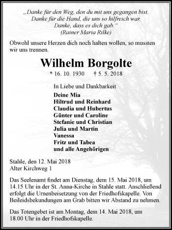 Traueranzeige von Wilhelm Borgolte von Westfalen-Blatt