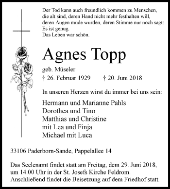 Traueranzeige von Agnes Topp von Westfalen-Blatt