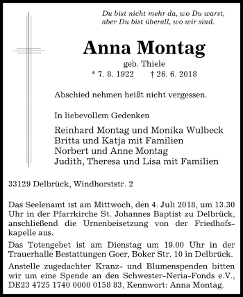 Traueranzeige von Anna Montag von Westfalen-Blatt