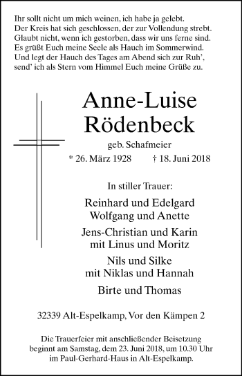 Traueranzeige von Anne-Luise Rödenbeck von Westfalen-Blatt