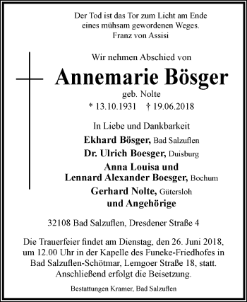 Traueranzeige von Annemarie Bösger von Westfalen-Blatt