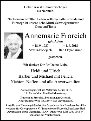 Traueranzeige von Annemarie Froreich von Westfalen-Blatt