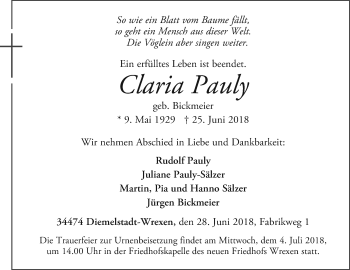 Traueranzeige von Claria Pauly von Westfalen-Blatt