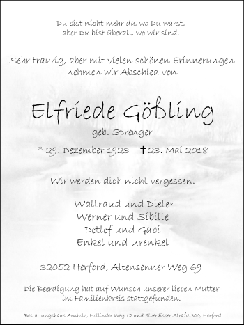 Traueranzeige von Elfriede Gößling von Westfalen-Blatt