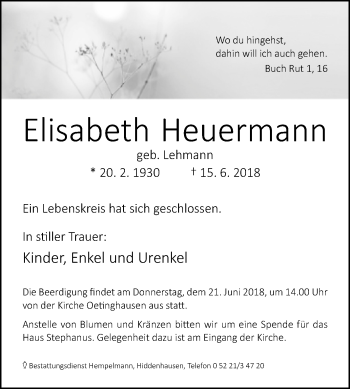 Traueranzeige von Elisabeth Heuermann von Westfalen-Blatt