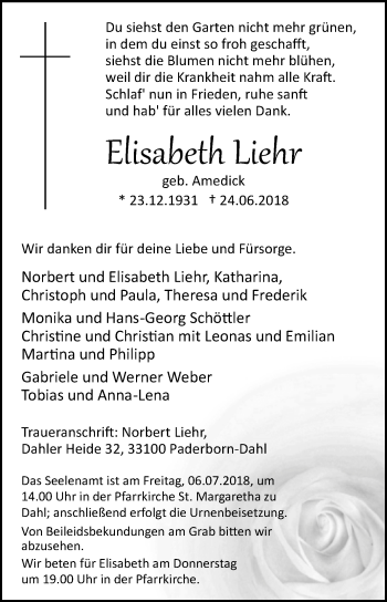 Traueranzeige von Elisabeth Liehr von Westfalen-Blatt