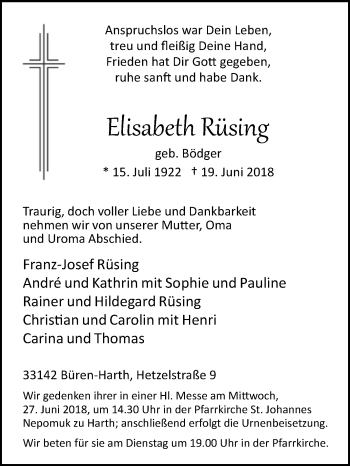 Traueranzeige von Elisabeth Rüsing von Westfalen-Blatt