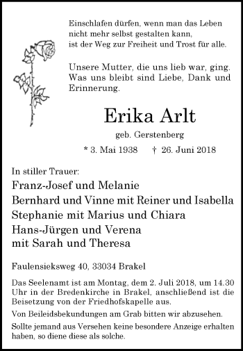 Traueranzeige von Erika Arlt von Westfalen-Blatt