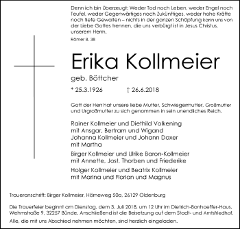 Traueranzeige von Erika Kollmeier von Westfalen-Blatt