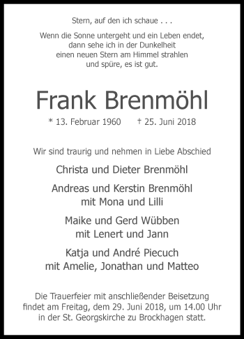 Traueranzeige von Frank Brenmöhl von Westfalen-Blatt