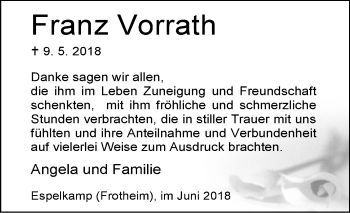 Traueranzeige von Franz Vorrath von Westfalen-Blatt