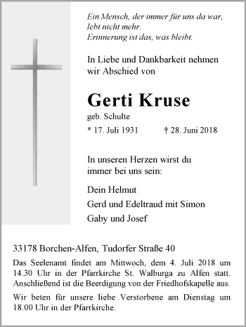 Traueranzeige von Gerti Kruse von Westfalen-Blatt