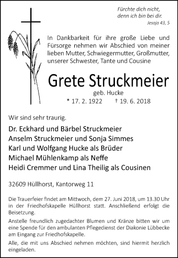 Traueranzeige von Grete Struckmeier von Westfalen-Blatt