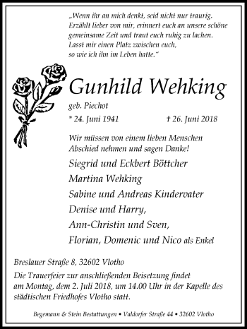 Traueranzeige von Gunhild Wehking von Westfalen-Blatt