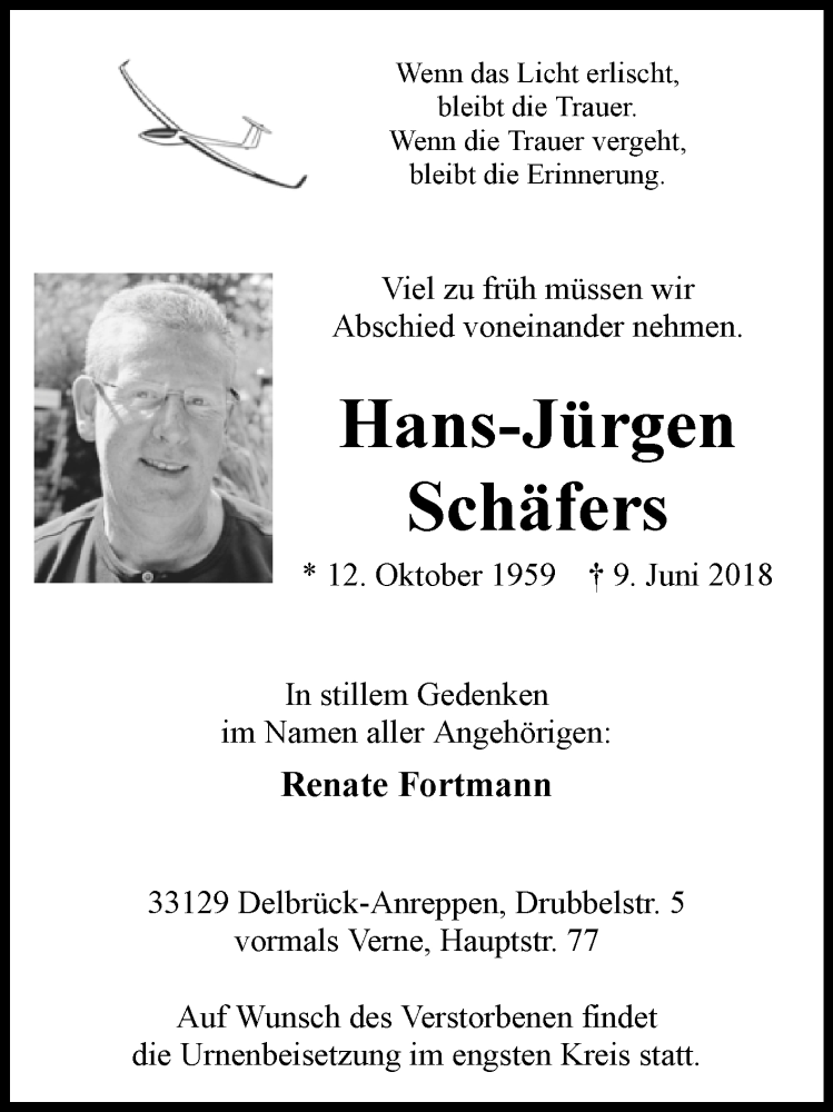  Traueranzeige für Hans-Jürgen Schäfers vom 16.06.2018 aus Westfalen-Blatt