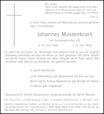 Traueranzeige von Johannes Mussenbrock von Westfalen-Blatt