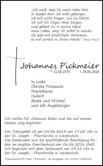 Traueranzeige von Johannes Pickmeier von Westfalen-Blatt