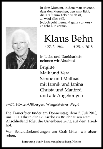 Traueranzeige von Klaus Behn von Westfalen-Blatt