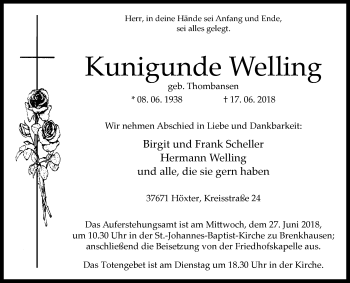 Traueranzeige von Kunigunde Welling von Westfalen-Blatt