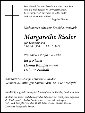 Traueranzeige von Margarethe Rieder von Westfalen-Blatt