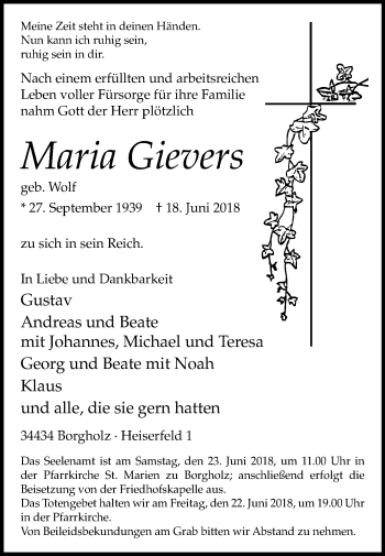 Traueranzeige von Maria Gievers von Westfalen-Blatt