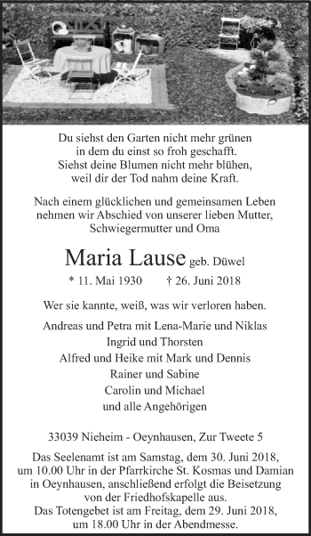 Traueranzeige von Maria Lause von Westfalen-Blatt