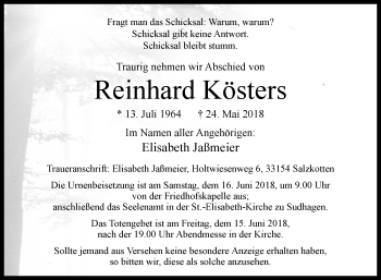 Traueranzeige von Reinhard Kösters von Westfalen-Blatt